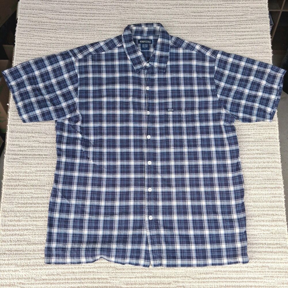 Aeropostale Men's Large Plaid Button Down Shirt Short Sleeve Blue White Cotton